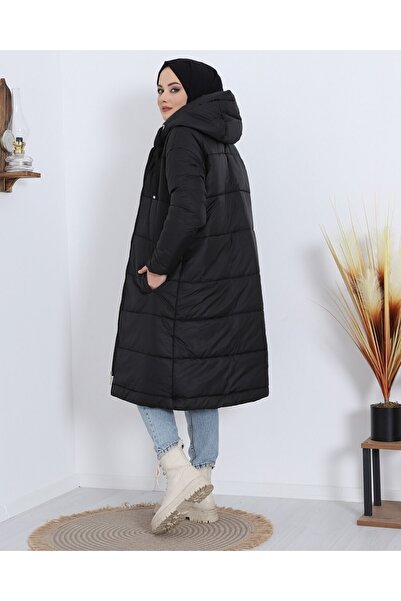 Modamorfo Dlouhý kabát s pevnou kapucí a detailem ptačího oka - černý