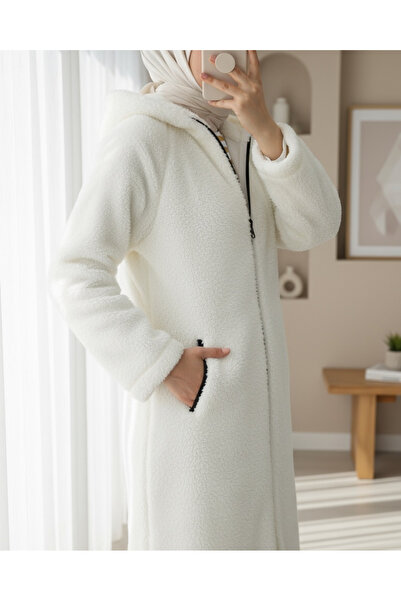 Modamorfo Winter Plush Coat - Hooded and Lined, Ecru