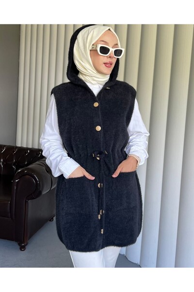 Modamorfo Hooded Pocketed Belted Beard Vest -Black