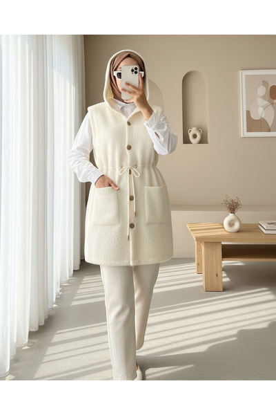 Modamorfo Hooded Pocketed Belted Beard Vest - Ecru