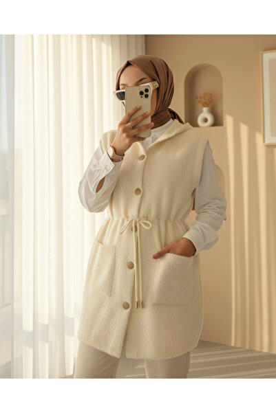 Modamorfo Hooded Pocketed Belted Beard Vest - Ecru