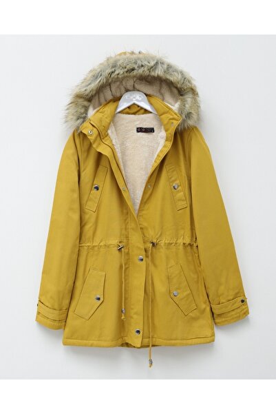 Modamorfo Hooded Fur Pocketed Lace-Up Coat - Mustard