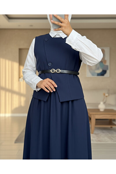 Modamorfo Cross Button Belted Vest Skirt Suit - Navy