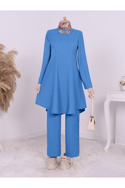 Modamorfo Loose Crinkle Set with Round Neck Necklace - Blue