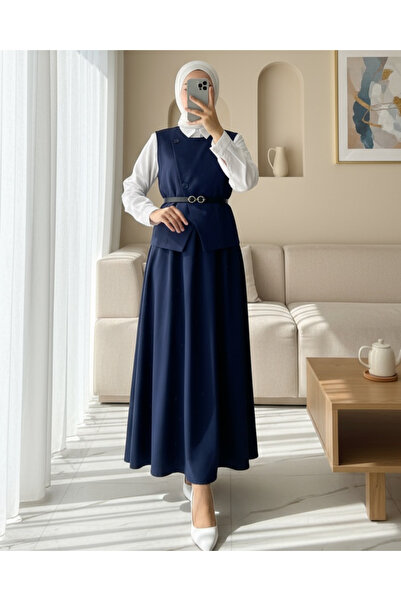 Modamorfo Cross Button Belted Vest Skirt Suit - Navy