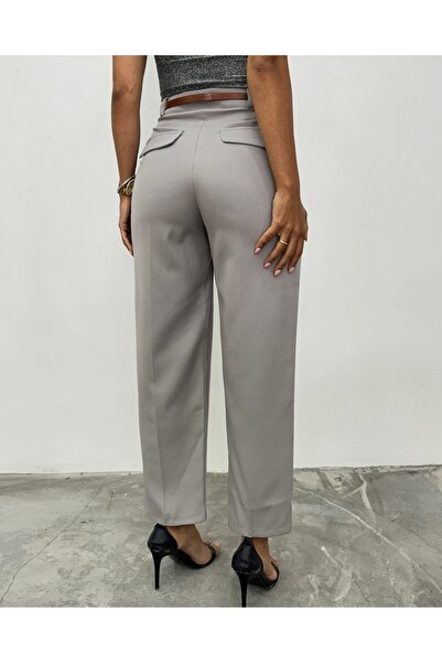 Modamorfo Thin Belted Pocketed Trousers with Stitched Legs - Gray