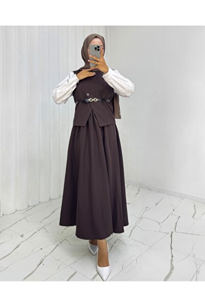 Modamorfo Cross Button Belted Vest Skirt Suit -Coffee