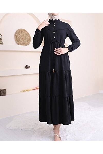 Modamorfo Φόρεμα με μισό κουμπί και κορδόνια -Μαύρο