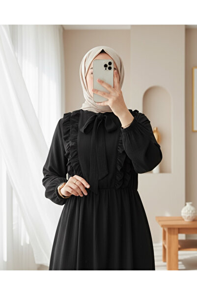 Modamorfo Yakası Bağcıklı Fırfırlı Ayrobin Tunik -Siyah