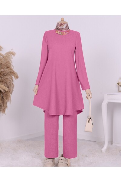 Modamorfo Loose Crinkle Set with Round Neck Necklace - Fuchsia