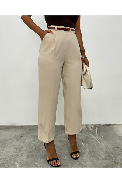 Modamorfo Thin Belted Pocketed Trousers with Stitched Legs - Beige