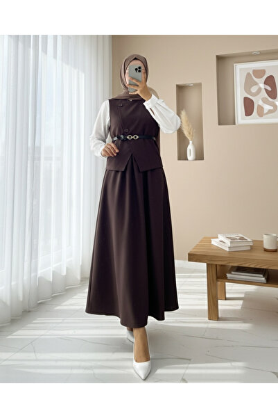 Modamorfo Cross Button Belted Vest Skirt Suit -Coffee