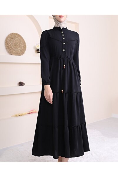Modamorfo Φόρεμα με μισό κουμπί και κορδόνια -Μαύρο