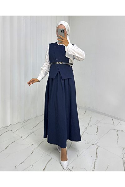 Modamorfo Cross Button Belted Vest Skirt Suit - Navy
