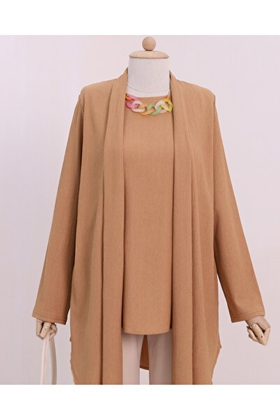 Modamorfo Crinkle Tunic with Shawl Collar Asymmetrical Cut Necklace - Cinnamon