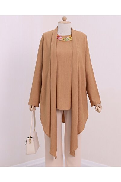 Modamorfo Crinkle Tunic with Shawl Collar Asymmetrical Cut Necklace - Cinnamon