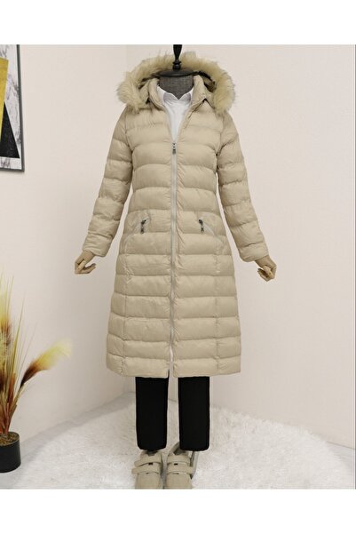 Modamorfo Nafukovací kabát s kapucí a kožešinou - kámen