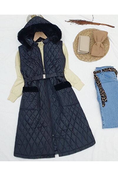 Modamorfo Hooded belted quilted vest -black