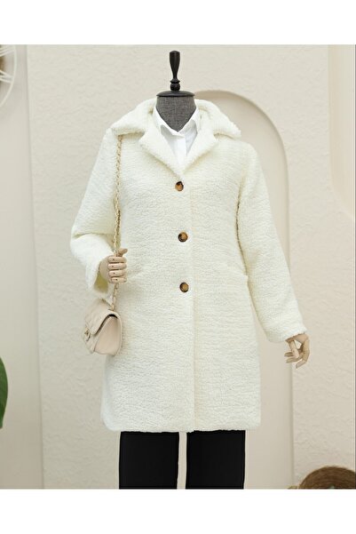 Modamorfo Buttoned lined front pocketed plush coat - ecru