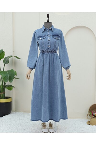 Modamorfo Τζιν φόρεμα με μισό κουμπί με ελαστική μέση - Ice Blue