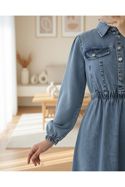 Modamorfo Τζιν φόρεμα με μισό κουμπί με ελαστική μέση - Ice Blue