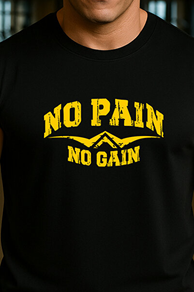 BESSA Ανδρικό μπλουζάκι No Pain No Gain με τύπωμα Μαύρο oversized Βαμβακερό αμάνικο μπλουζάκι/μπλουζάκι