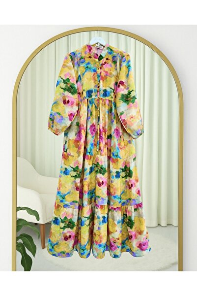 Modamorfo Mixed Pattern Half Button Sleeve Elastic Dress -Yellow