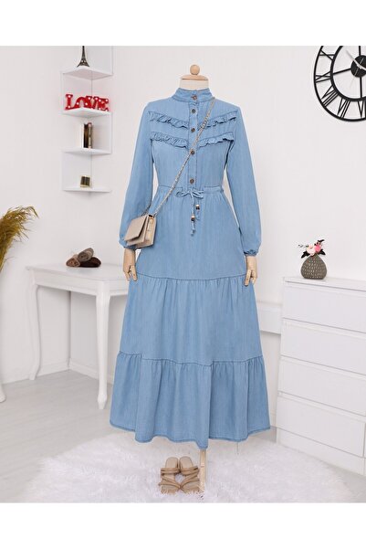 Modamorfo Τζιν φόρεμα με μισό κουμπί και βολάν μπροστά - Μπλε