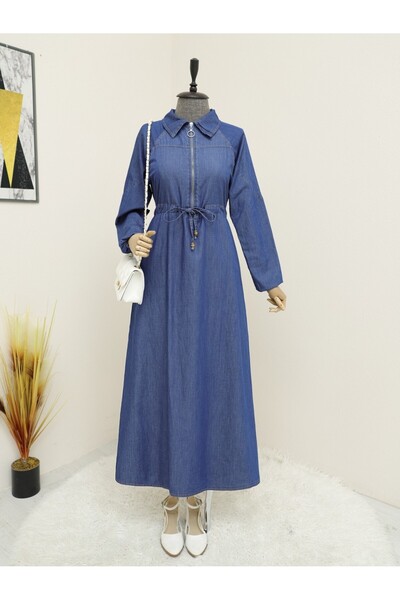 Modamorfo Džínové šaty s polovičním zipem a tunelovým šněrováním - Indigo