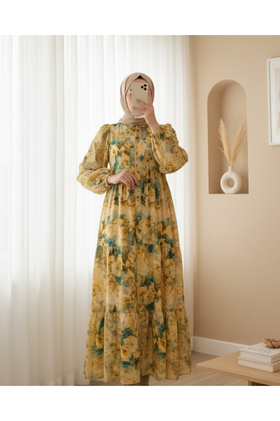 Modamorfo Half Button Mixed Pattern Sleeve Elastic Dress -Mustard