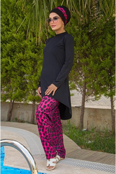 Aişe tesettür Siyah Fuşya Leopar Tesettür Mayo