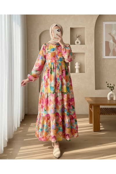 Modamorfo Mixed Pattern Half Button Sleeve Elastic Dress -Orange