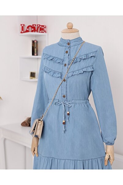 Modamorfo Τζιν φόρεμα με μισό κουμπί και βολάν μπροστά - Μπλε
