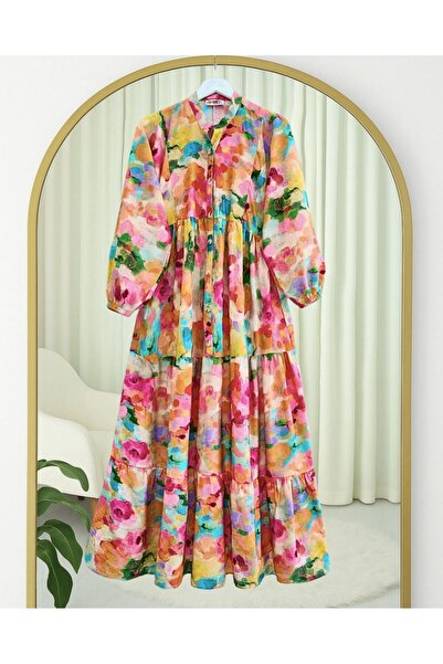 Modamorfo Mixed Pattern Half Button Sleeve Elastic Dress -Orange