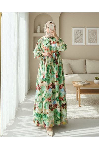 Modamorfo Mixed Pattern Half Button Sleeve Elastic Dress -Green