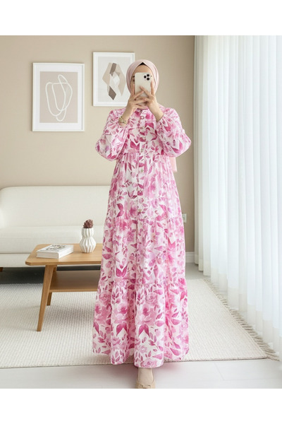 Modamorfo Small Leaf Pattern Half Button Sleeve Elastic Dress -Fuchsia