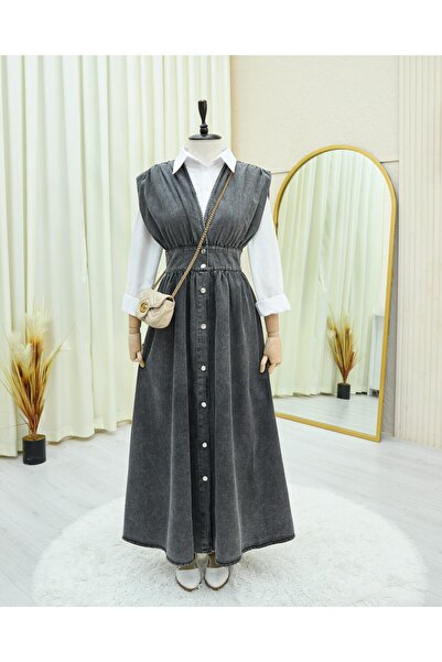 Modamorfo Τζιν με κουμπιά στο μήκος και λαιμόκοψη σε σχήμα V - Καπνιστό