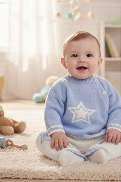 Bursa Trikomer Star Knit Patterned Stylish Side Buttoned High Neck Knitwear Soft Textured Baby Set