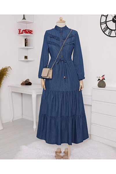 Modamorfo Τζιν φόρεμα με μισό κουμπί και βολάν στο μπροστινό μέρος - Ινδικό