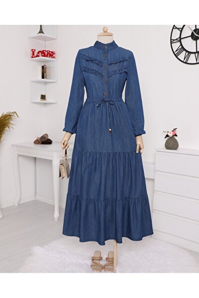 Modamorfo Τζιν φόρεμα με μισό κουμπί και βολάν στο μπροστινό μέρος - Ινδικό