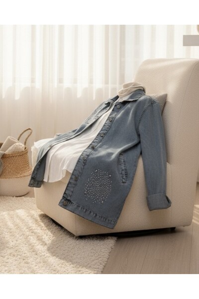 Modamorfo Double Pocket Jeans Jacket with Stone Detail on the Front