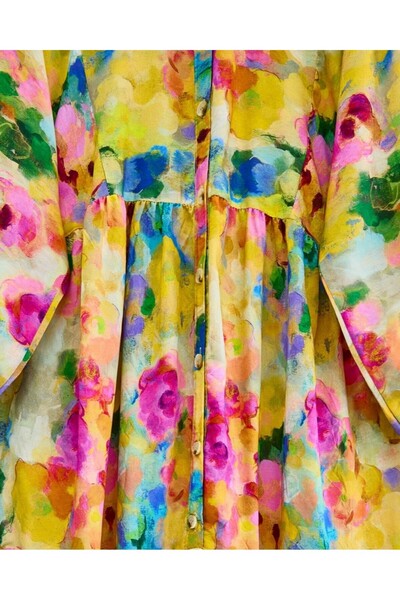 Modamorfo Mixed Pattern Half Button Sleeve Elastic Dress -Yellow