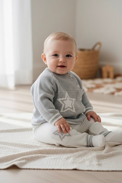 Bursa Trikomer Star Knit Patterned Stylish Side Buttoned High Neck Knitwear Soft Textured Baby Set