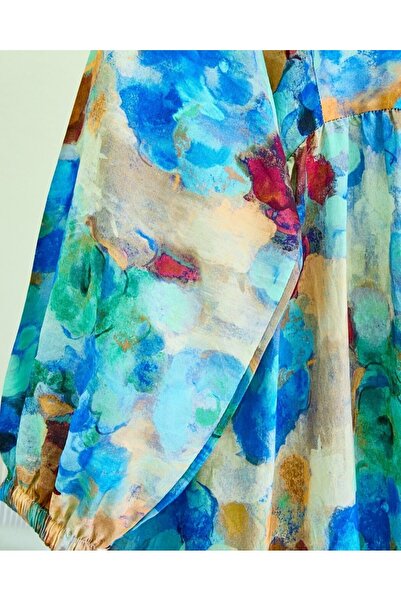 Modamorfo Mixed Pattern Half Button Sleeve Elastic Dress -Blue