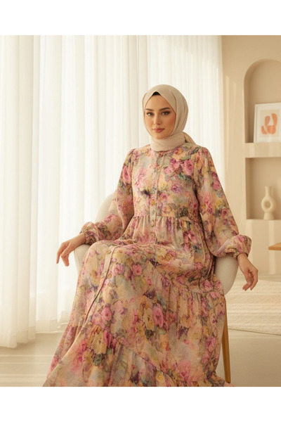 Modamorfo Half Button Mixed Pattern Sleeve Elastic Dress -G.Kurusu