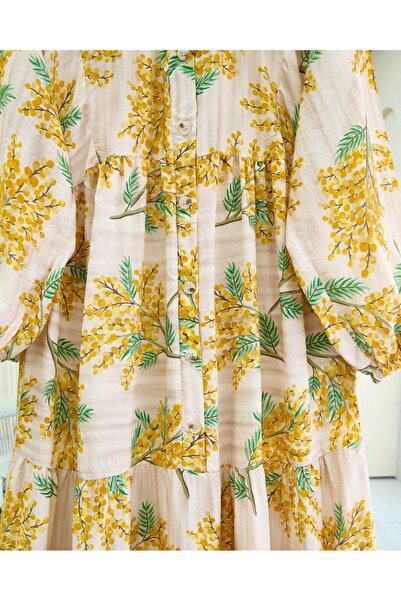 Modamorfo Φόρεμα Modal με μοτίβο με μισό κουμπί και ελαστική μανίκια - Μουστάρδα