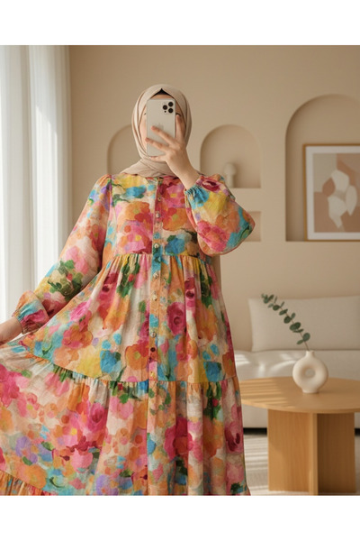 Modamorfo Mixed Pattern Half Button Sleeve Elastic Dress -Orange