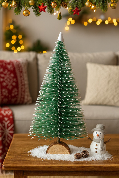 Genel Markalar Dekoratif Masa Üstü Yılbaşı Çam Ağacı Kar Taneli Bükülebilir Ahşap Tabanlı Yeni Yıl Ağacı 35 Cm