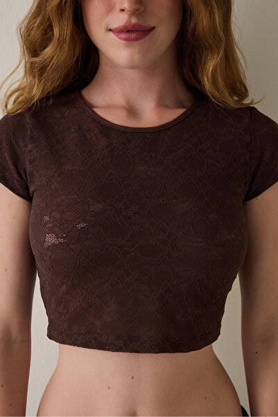 Penti Brown Crew Neck Lace Crop Top