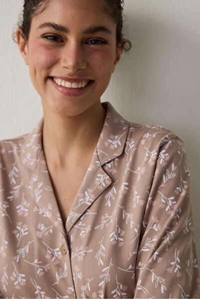 Penti Beige Flower Time Shirt Collar Cotton Long Sleeve Pajama Set